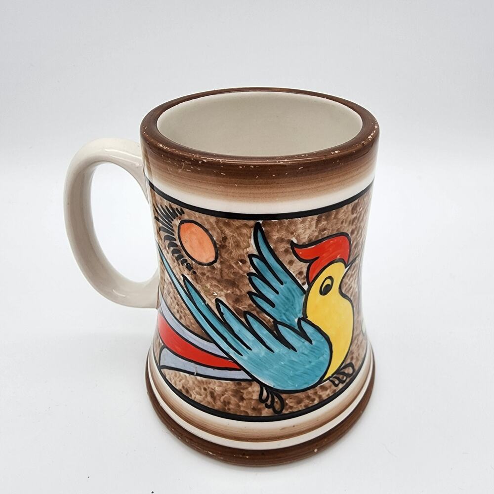 Vintage Bird Motif Coffee Mug Folk Art Hand Painted Colorful Cuernavaca Mexican